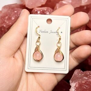 Rose Quartz Wire Wrapped Earrings | Gold Tone | Stainless Steel Hooks | Handmade